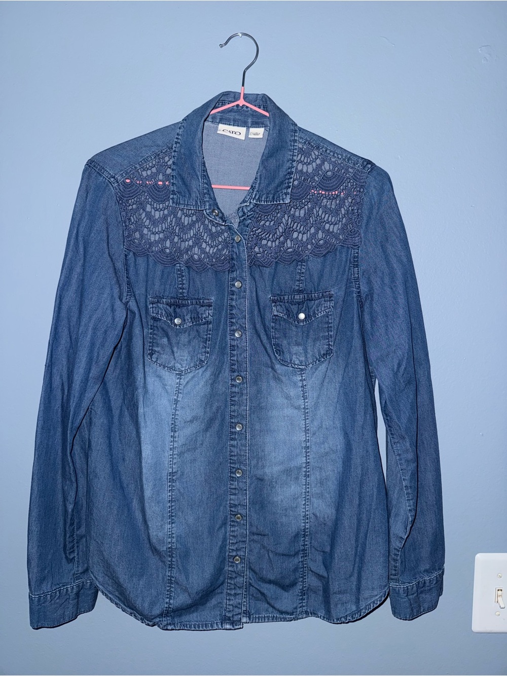 Denim Button-Up Shirt with Lace Yoke - Blue Medium